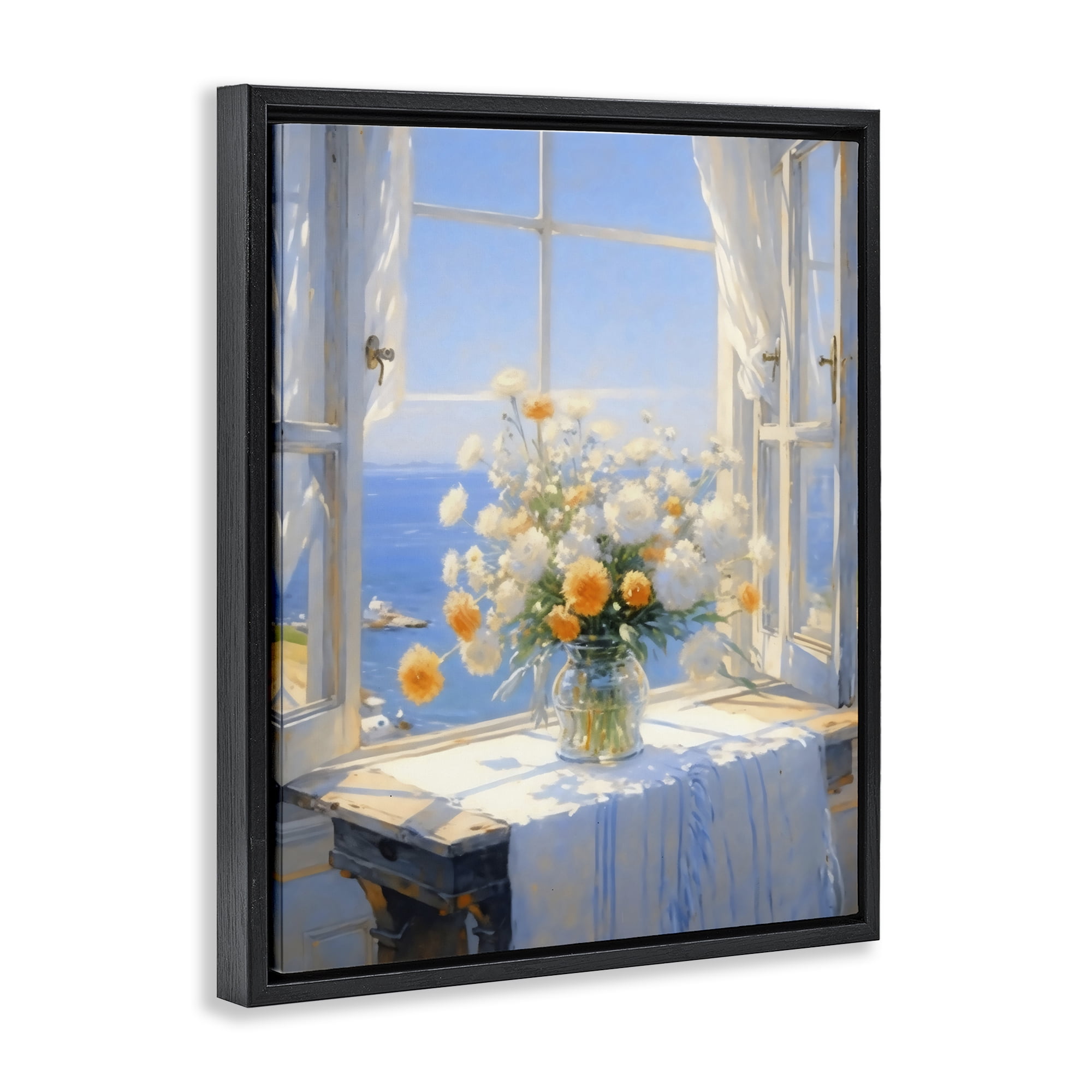 Stupell Industries Floral Window View of Sea Black Framed Floater Canvas Wall Art, design by Creative Studio