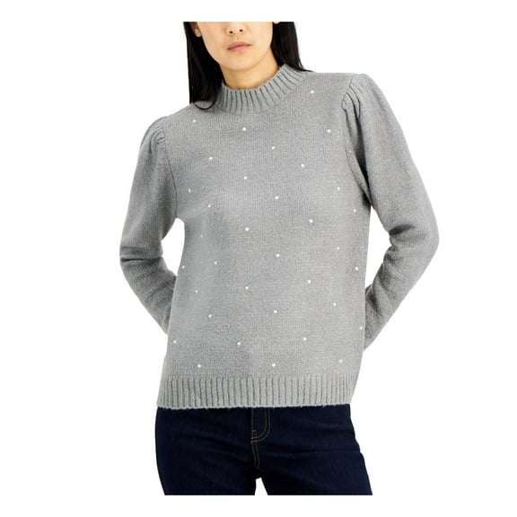 INC Womens Gray Knit Ribbed Textured Pearl Embellished Heather Pouf Sleeve Mock Neck Sweater XL