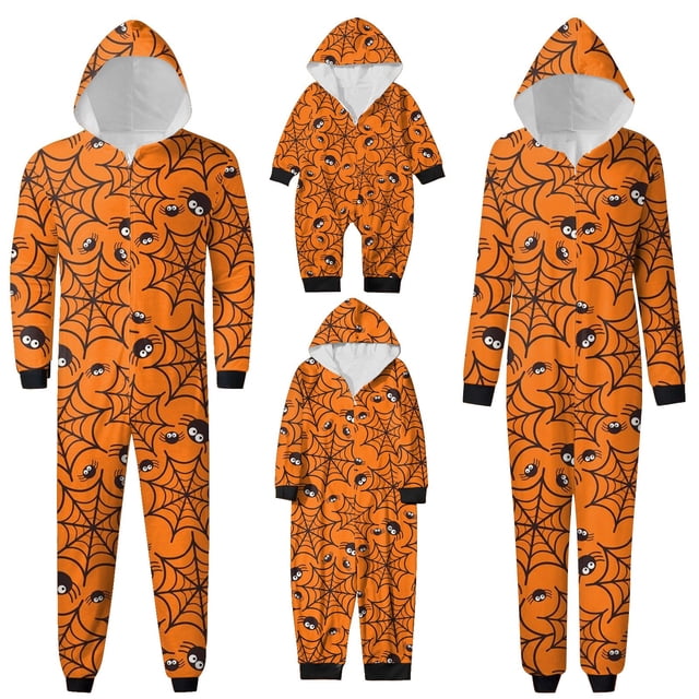 Pyjamas Assortis pour la Famille en Toile d'Araignée et Araignée, Tenues Assorties pour la Famille, Pyjamas Assortis pour un Style Familial Cohérent (Orange)