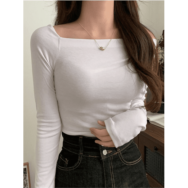 Camiseta de manga larga con hombros descubiertos para mujer, Tops Vintage Y2k, ropa de calle de estilo coreano, Tops cortos de otoño 2024