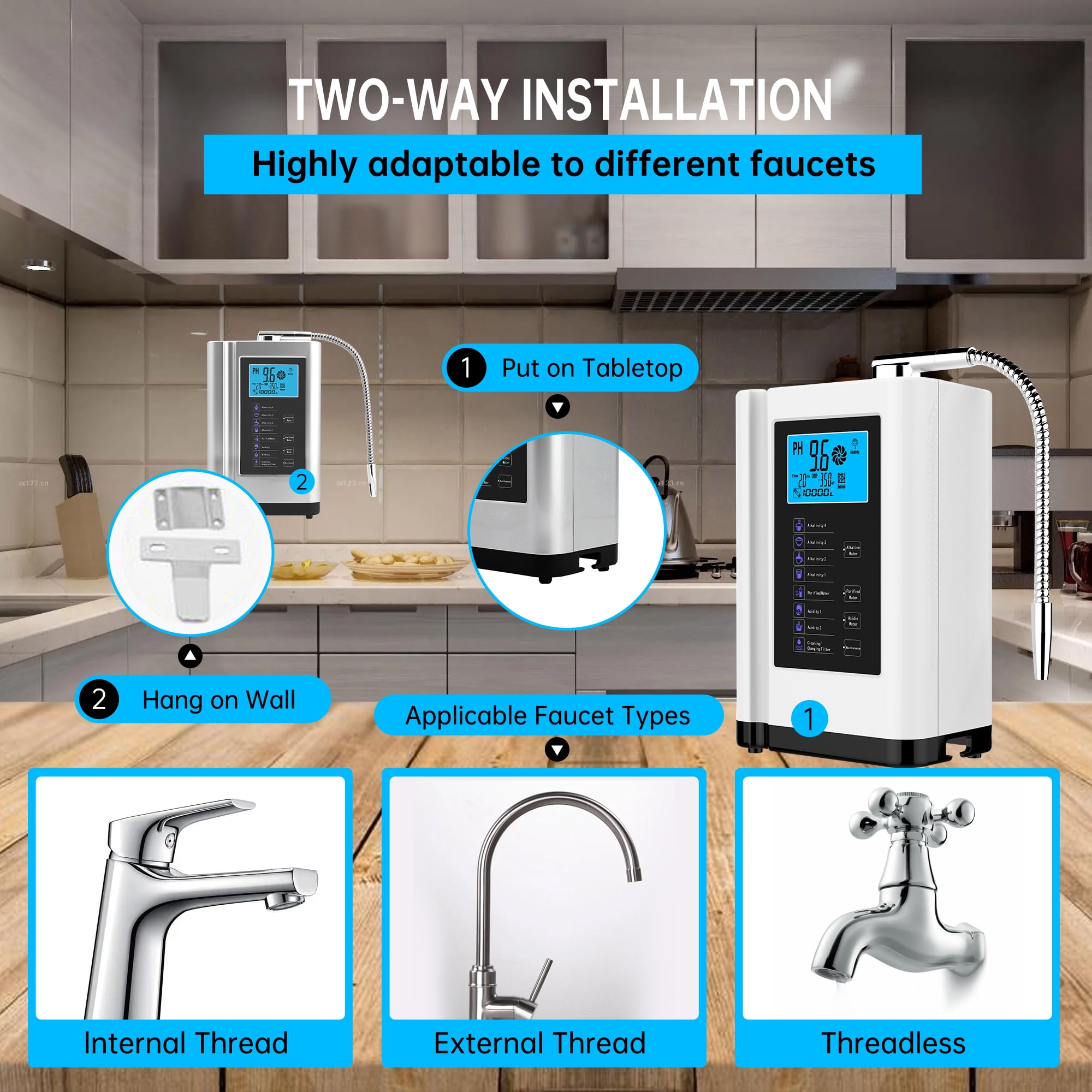 Alka Water Ionizer, Water Purifier Machine PH 3.5-10.5 Alkaline Acid Water Machine, up to -500mV ORP, 8000 Liters per filter,7 Water Settings, Auto-cleaning,Intelligent Voice White)