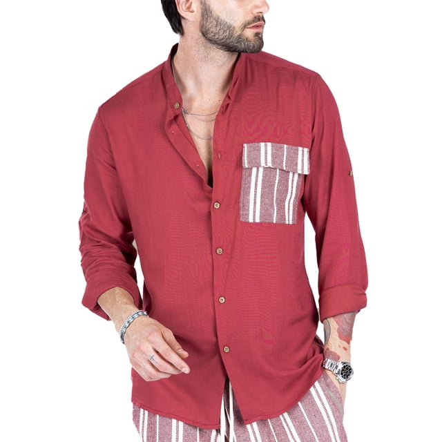 Blusa informal con botones, talla M, color rojo, camisa de manga larga con cuello y costuras en contraste para hombre