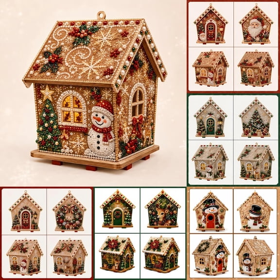 3D Wooden House Rhinestone Diamond Art DIY Kit Christmas Pearl Art, Glittering Holiday Craft with Santa Snowman Reindeer for Tabletop Decor