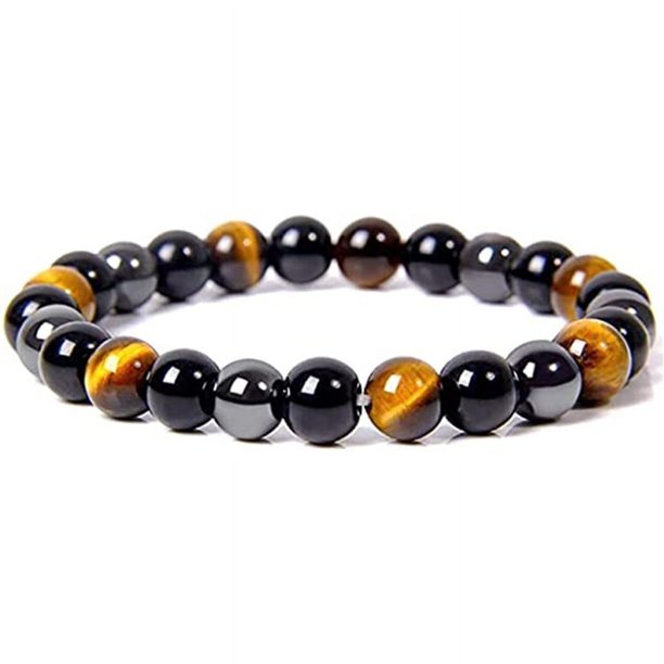 Pulsera de piedras preciosas naturales de triple protección Pulsera elástica de ojo de tigre - Obsidiana - Regalo de cumpleaños de hematita