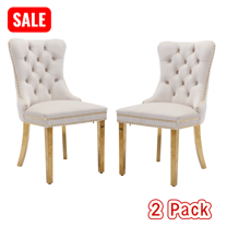 Tcbosik Dining Chairs Set of 2, Upholstered Velvet Accent Chair with Button Tufted Back, Living Room Chair with Metal Legs for Home, Kitchen, Bedroom, Beige & Gold
