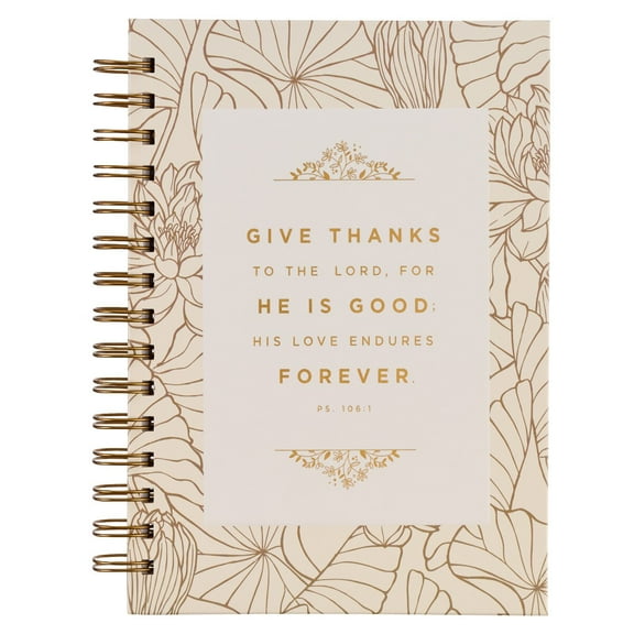 Christian Art Gifts Journal w/Scripture for Women Give Thanks Psalm 106:1 Bible Verse White/Gold 192 Ruled Pages, Large Hardcover Notebook, Wire Bound