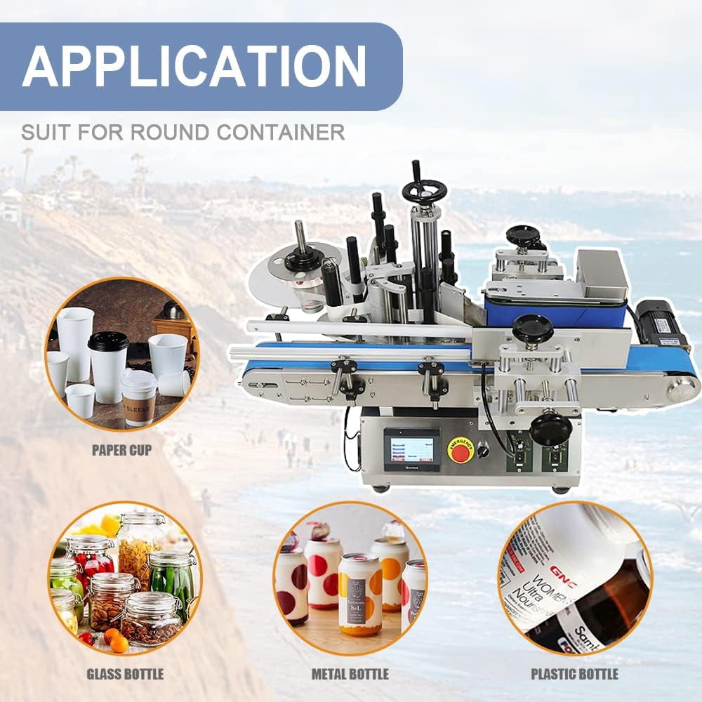 Automatic Round Bottle Labeling Machine 110V 50-100 pcs/min, 15-100mm(Label Height), 20-180mm(Label Length), Bottle Printing Adjustable Label Maker for Bottle Can and Wine