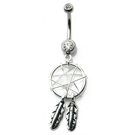 Body Art Body Jewelry 14 Gauge Surgical Steel Belly Dream Catcher with Clear Gem
