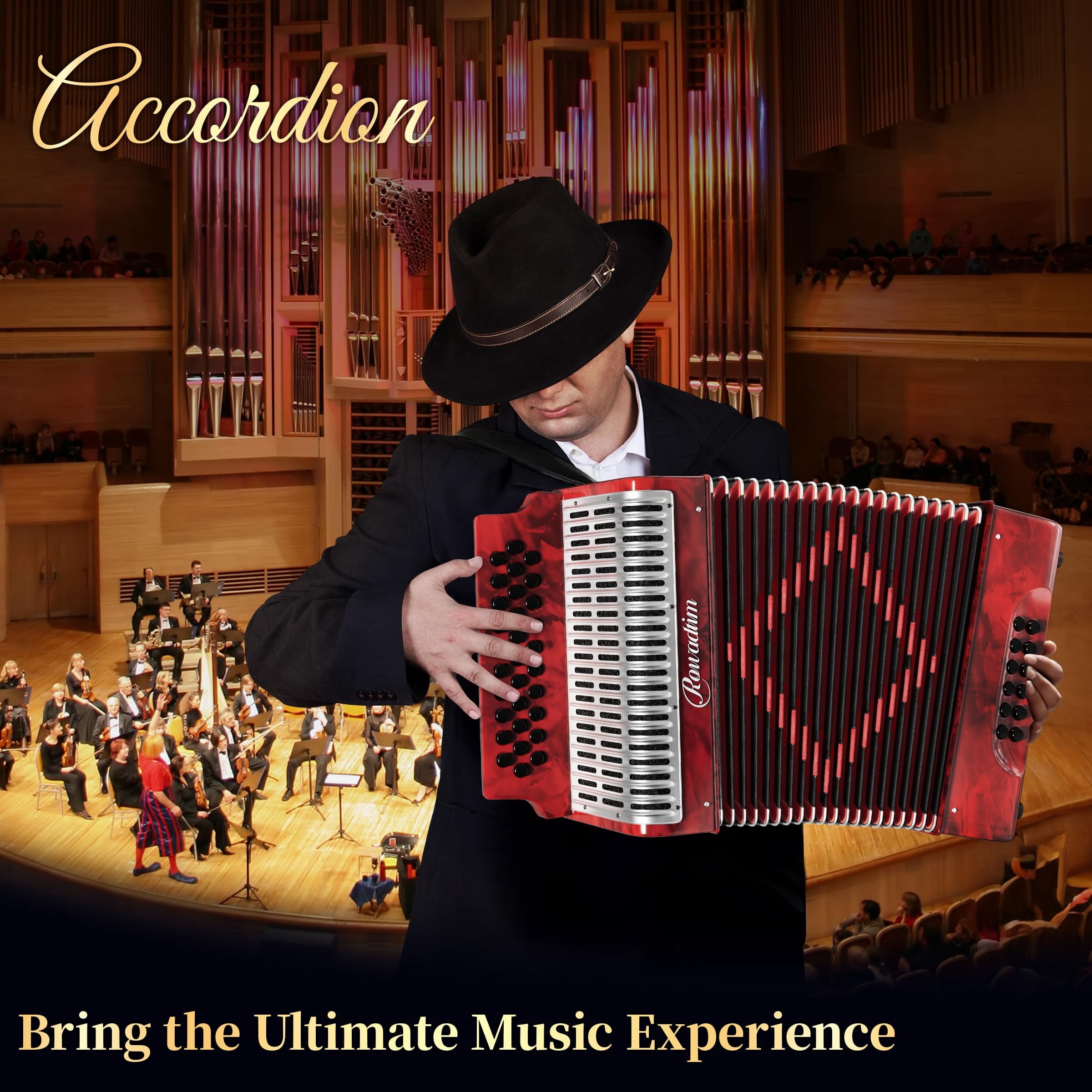 Rowadtim 31 Key Diatonic Accordions, 12 Bass Buttons (G/C/F Tuning) Suitable for Beginners, Adults, Performances and Teachers; Comes with  Case, Adjustable Strap, Gloves and Polishing Cloth (Red)