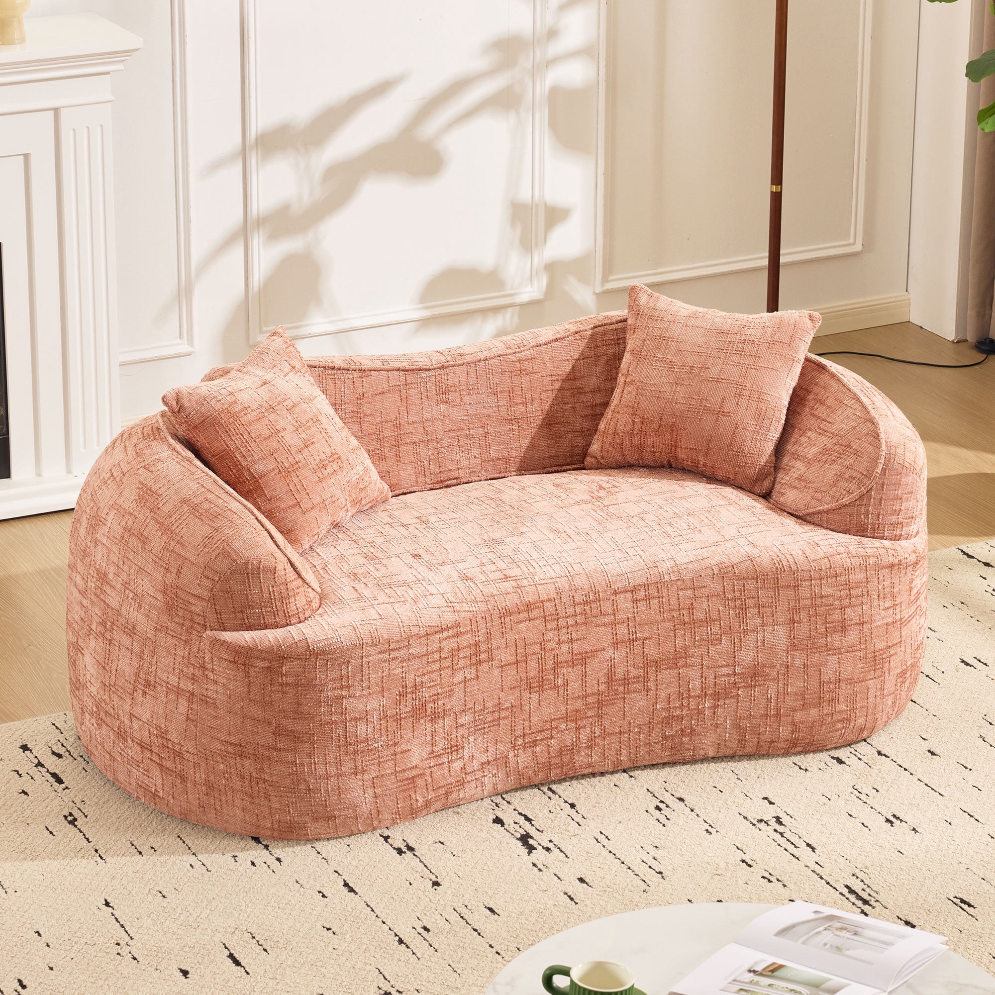 Curved Loveseat, Pink Compress Chenille Sofa with Two Pillows and Armrests, Foam Spring 2-Seater for Small Apartment Living Room or Bedroom, 67-Inch