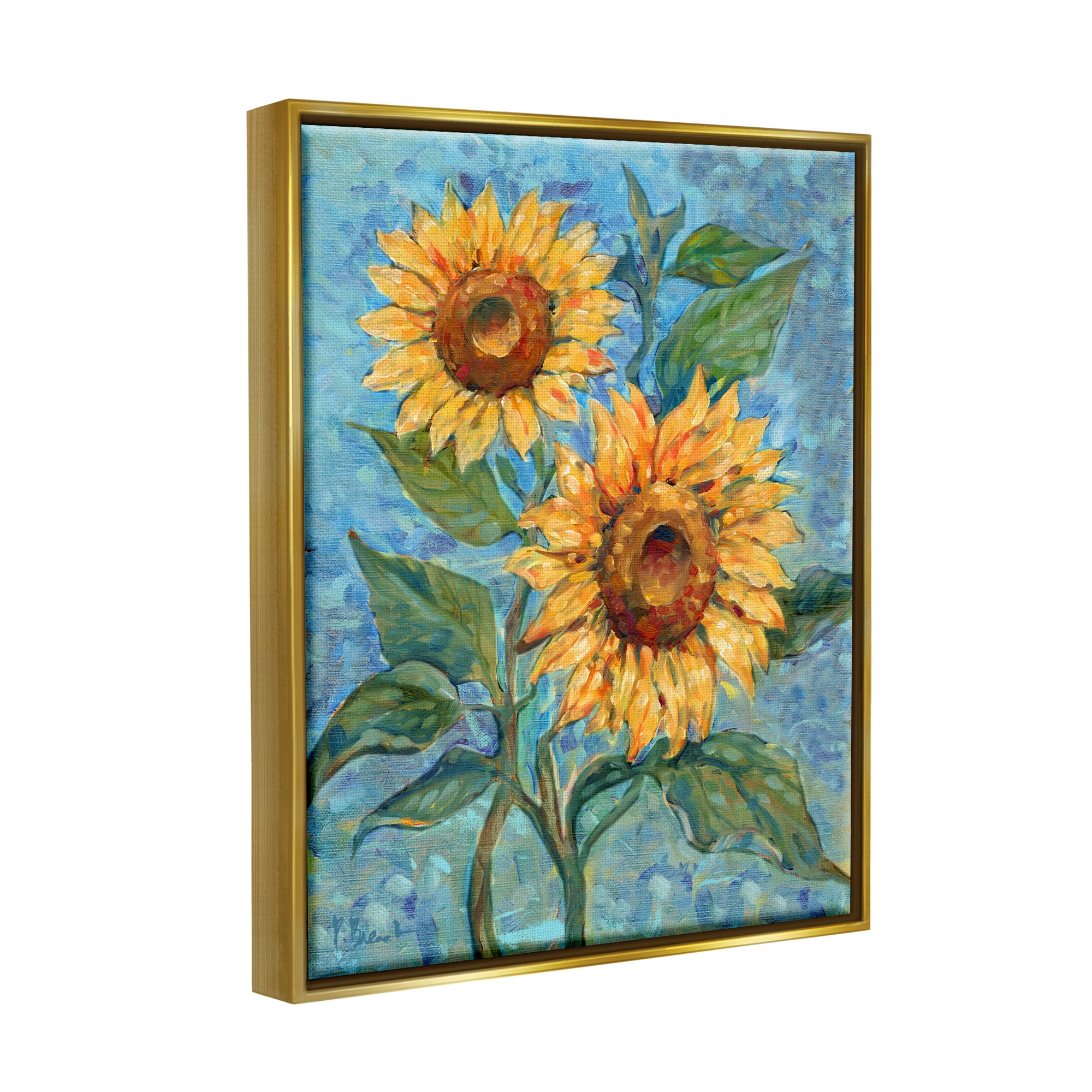 Stupell Industries Traditional Sunflowers on Blue Botanical & Floral Painting Gold Floater Framed Canvas Art Print Wall Art, 17 x 21