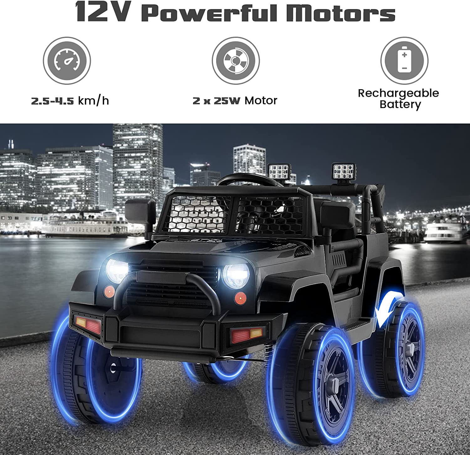 OLAKIDS Kids Ride On Truck, 12V Electric Vehicle Jeep Car with Remote Control, Toddlers Battery Powered Toy with 2 Speeds, Spring Suspension, Double Open Doors, LED Lights, Music, USB, Mp3 (Black)