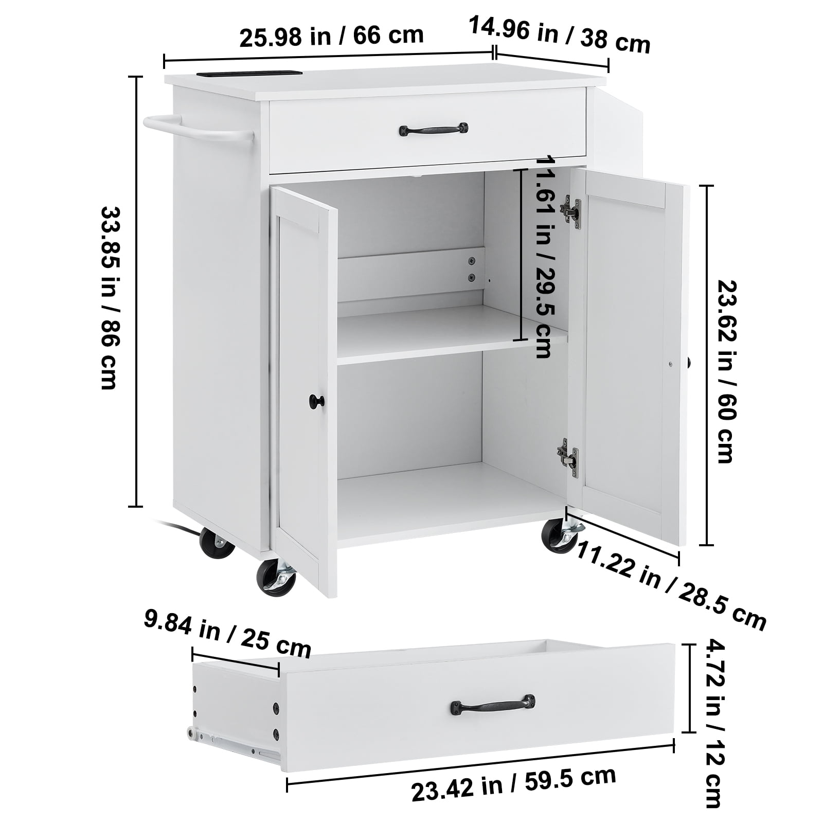 KFFKFF Rolling Kitchen Island Cart, 32" Kitchen Storage Cart with Countertop and Drawer, Movable Table featuring Power Socket, Herb Holder, Towel Hanger, Modifiable Shelf, Drawer,Wheel-Mounted, White