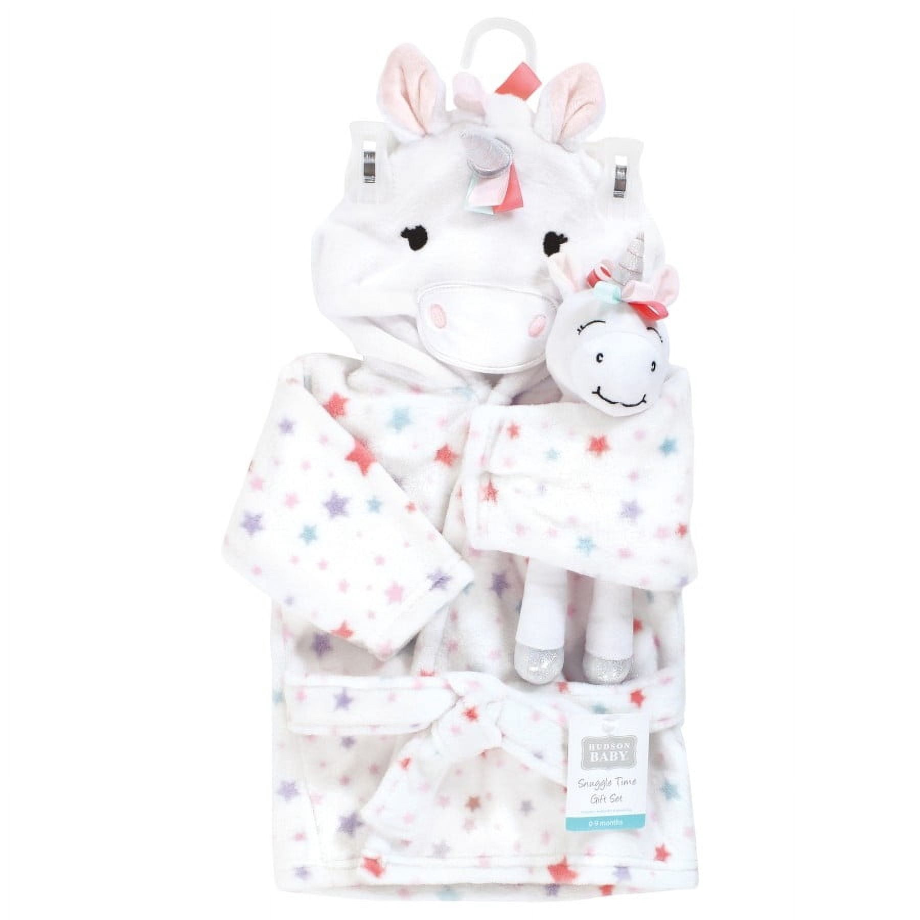 Hudson Baby Infant Girl Plush Bathrobe and Toy Set, Rainbow Unicorn, One Size