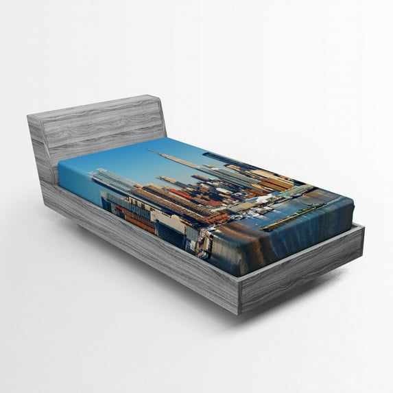 Ambesonne New York Fitted Sheet, Urban City Skyline, Twin Size, Blue Grey