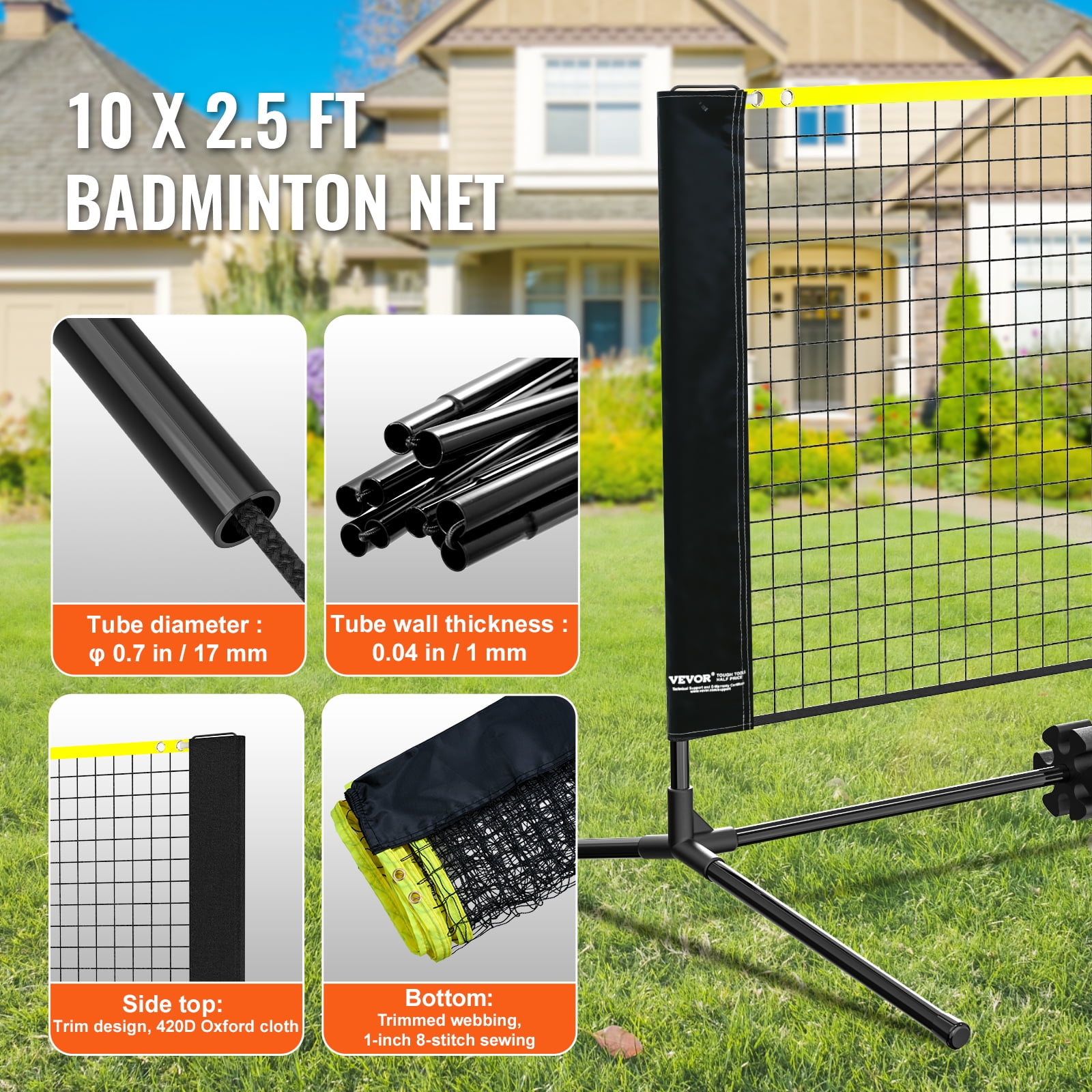 VEVOR Badminton Net, Height Adjustable Badminton Net, 10ft Wide Foldable Badminton Net, Portable Easy Setup Badminto Net Set with Poles, Stand and Carry Bag, for Kids Backyard Game Indoor Outdoor Use