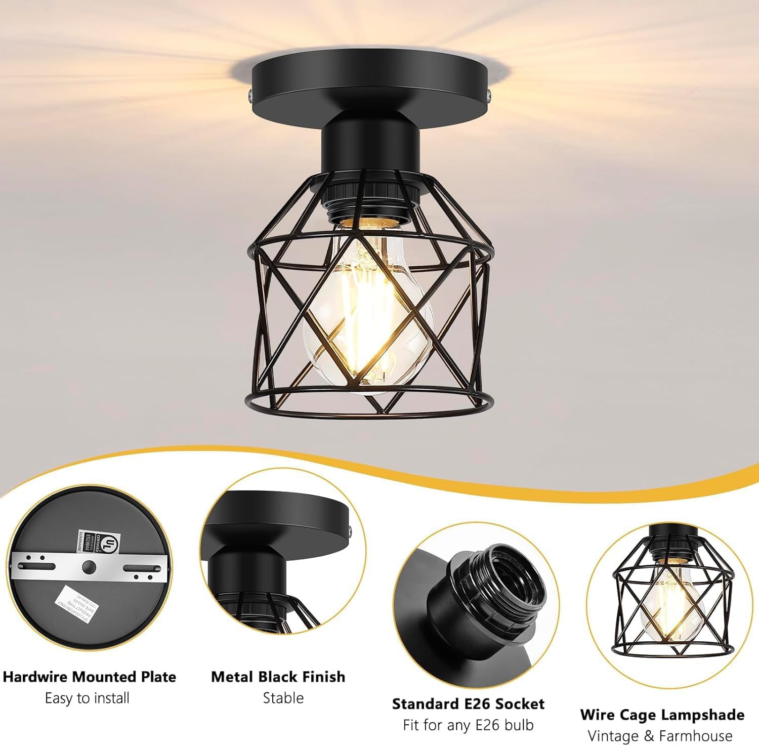 2-Pack Semi Flush Mount Ceiling Light Fixture with 2 LED Bulbs Black Kitchen Light Fixtures Ceiling Mount Ceiling Lamp for Kitchen, Hallway, Porch