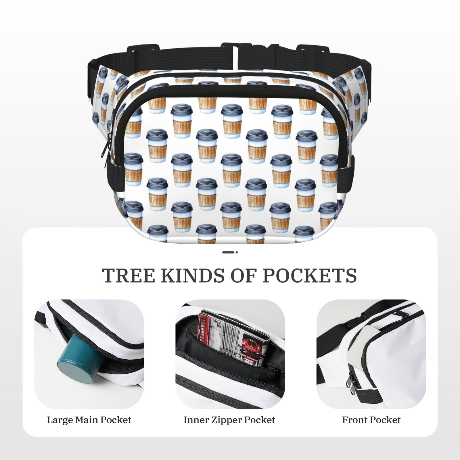 Picia Coffee To Go Pattern Print Square Double-Layer Waist Bag Mini Adjustable Waist Belt Bag Exercise Running Travel Hiking