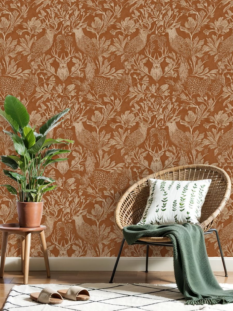 Hunt Peel and Stick Wallpaper 17.7in x 9.8ft Vintage Botanical Wildlife Deer Birds Foliage Warm Contact Paper Vinyl Waterproof Self Adhesive Wall Paper for Bedroom Shelf Cabinet Renter Friendly