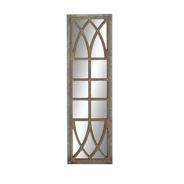 DecMode 15" x 52" Brown Window Pane Inspired Panel Wall Mirror with Galvanized Metal Frame