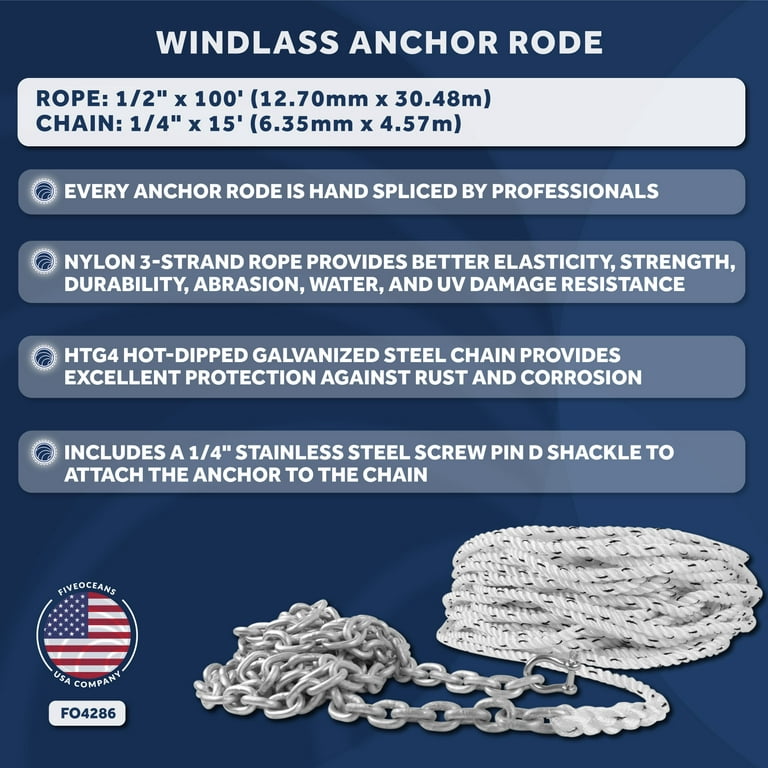 Windlass Anchor Rode, 1/2 x 150' Nylon 3-Three Strand Rope, 1/4 x 15' G4 Stainless Steel Chain - FO4527
