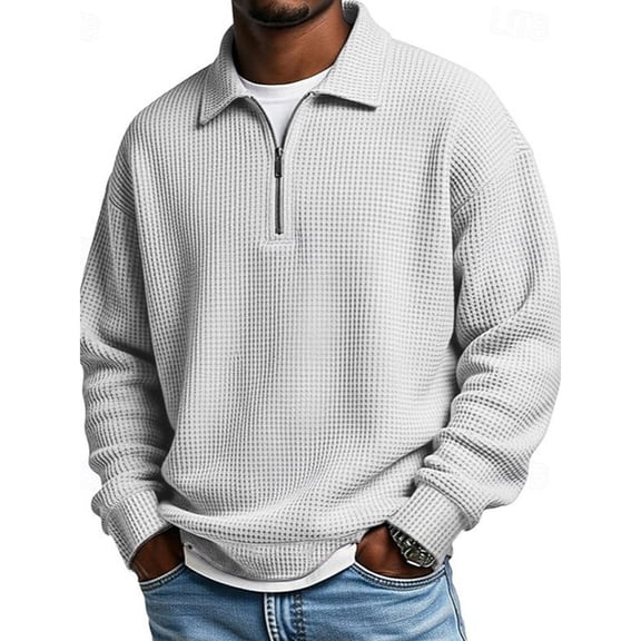 Hearthz Waffle Knit Quarter Zip Men Sweater Regular Fit Lapel Collar Long Sleeve Mens Sweatshirts Spring Winter Pullover for Men