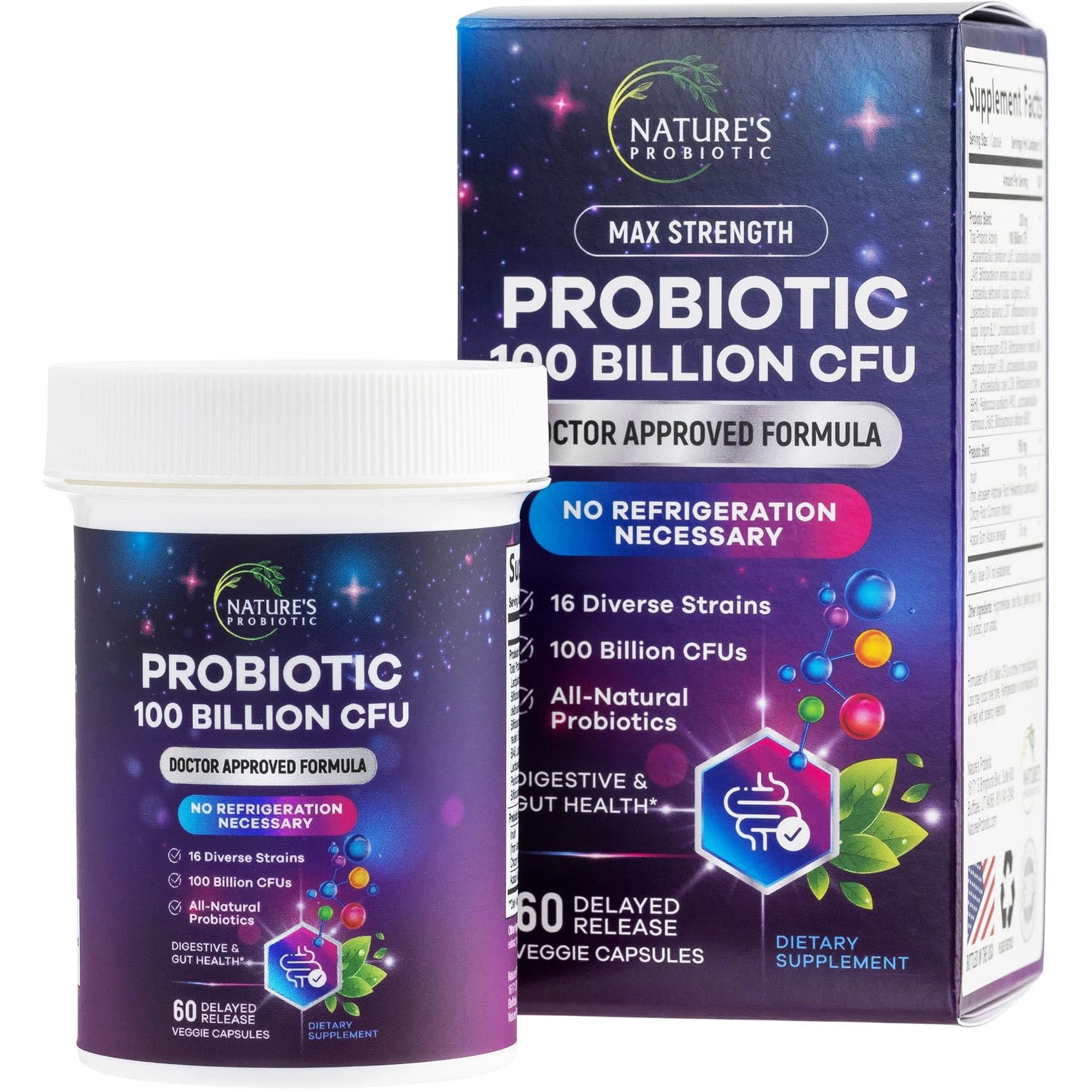 Nature's Probiotic 100 Billion CFU - 16 Diverse Strains - Our Best Probiotic Supplement with Prebiotics for Women & Men - Supports Digestive Health, Gas, & Bloating - Bottled in USA - 60 Capsules