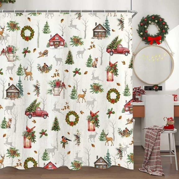 Christmas Shower Curtain, Red Retro Truck Xmas Tree Fox and Squirrel Pine Vintage Farmhouse Style Illustration Bathroom Curtains, Shower Curtains Bathroom Accessories with Hooks, 69X70IN