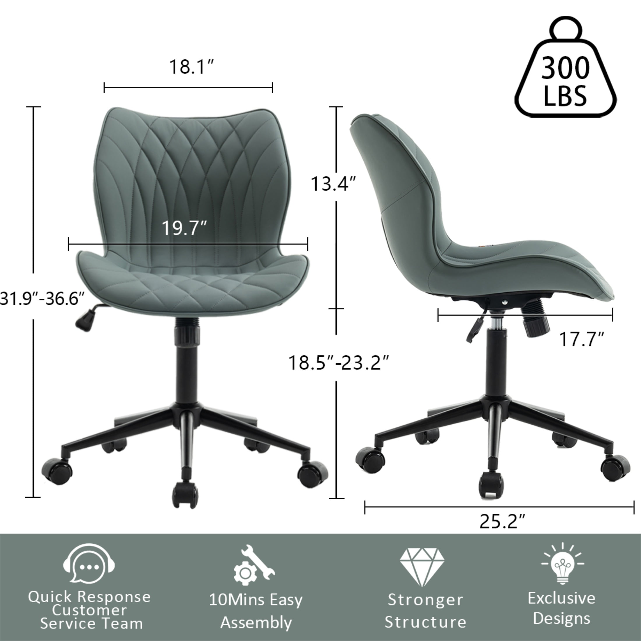 Kidol & Shellder PU Leather Desk Chair, Adjustable Swivel Office Chair, Upholstered Modern Task Chair with Wheels, Ergonomic Swivel Chair, High Back Chair, Grayish Green