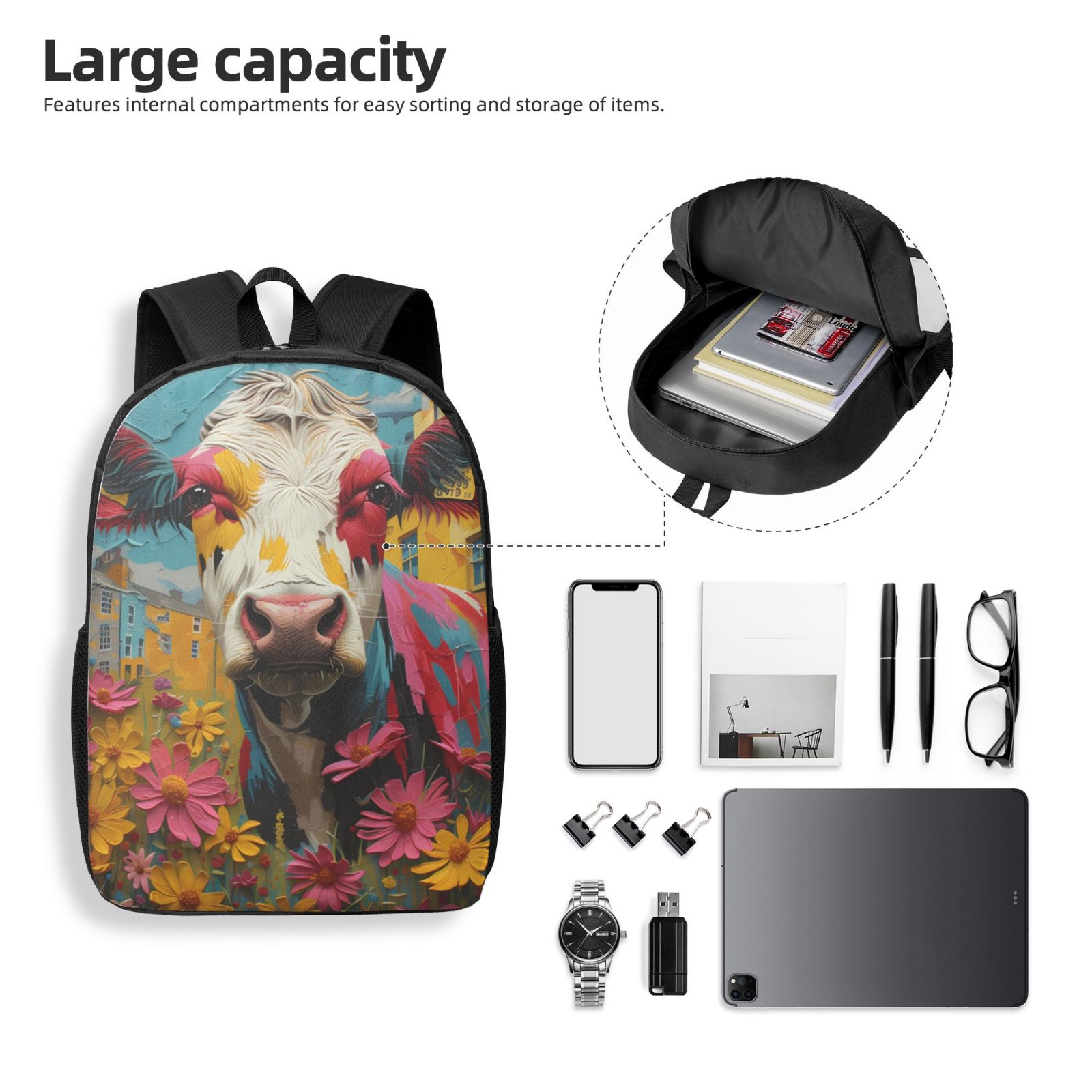 Xecao Yellow Daisy Cow print Travel Backpack, Large Computer Backpack for Men Women, College School Rucksack Book Bag