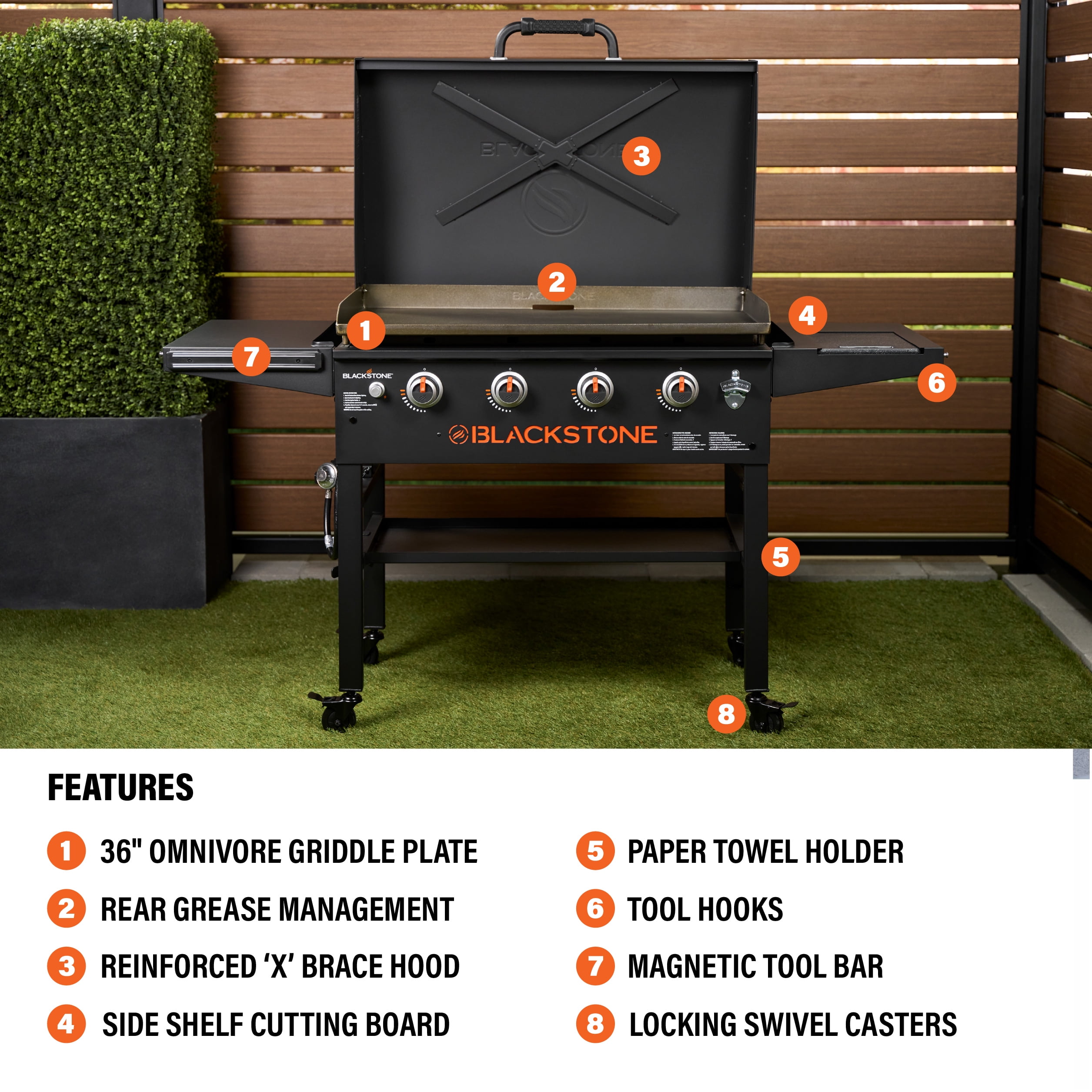 Blackstone Original Outdoor Griddle, 4-Burner 36" Propane Flat Top Grill with Hood, Black