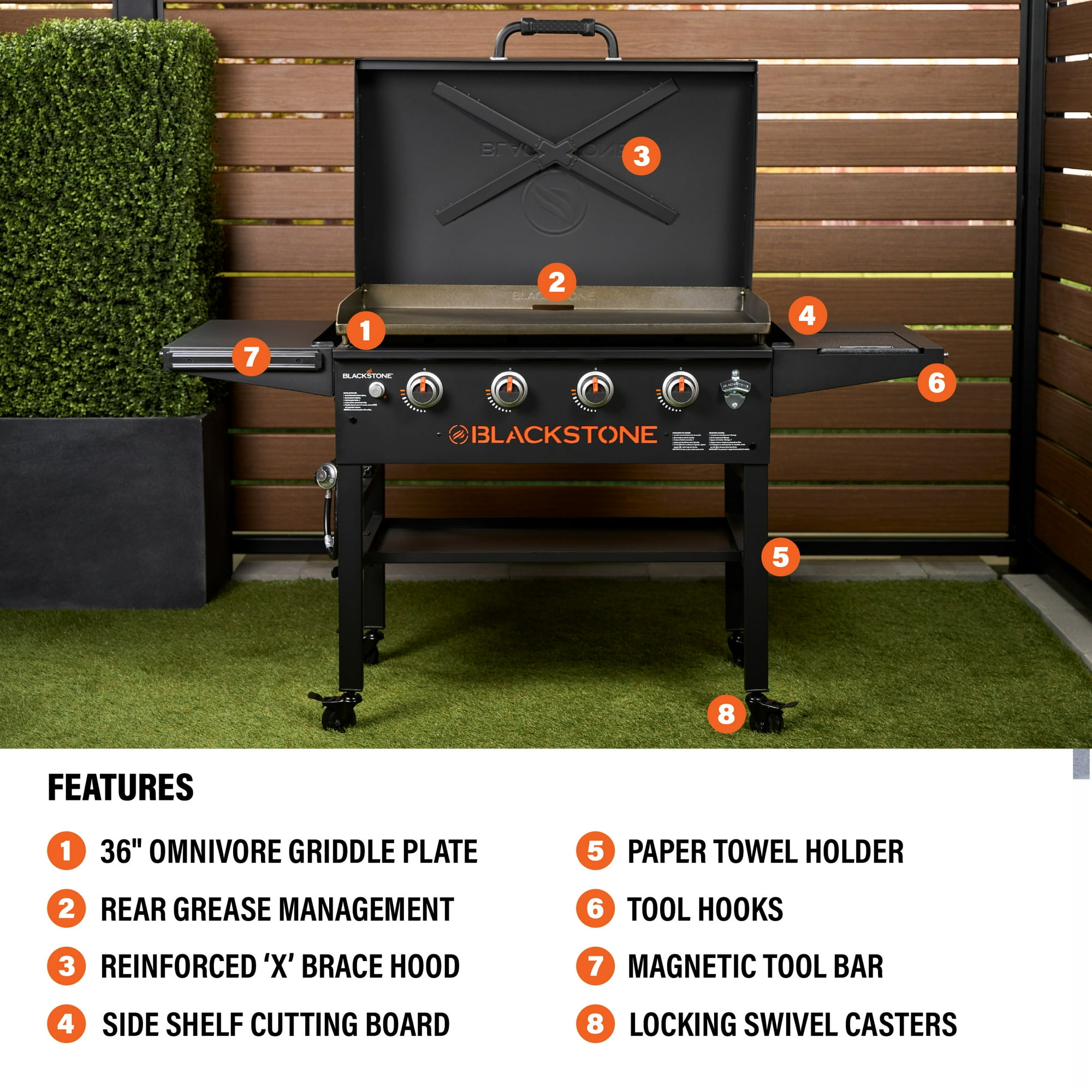 Blackstone Original Outdoor Griddle, 4-Burner 36" Propane Flat Top Grill with Hood, Black