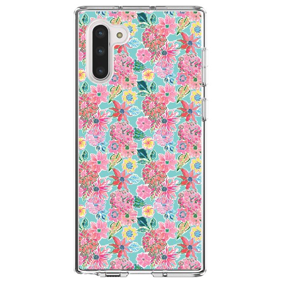 DistinctInk Clear Shockproof Hybrid Case for Samsung Galaxy Note 10 (6.3" Screen) - TPU Bumper, Acrylic Back, Tempered Glass Screen Protector - Preppy Pattern - Pink Flowers on Teal Background