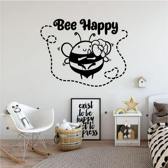 Bee Happy Cute Queen Bee Motivational Quote Inspirational Quotes Wall Decal Wall Sticker Wall Art For Home Design Room Living Room Bedroom Office Vinyl Wall Art Décoration Decal Size (20x20 inch)