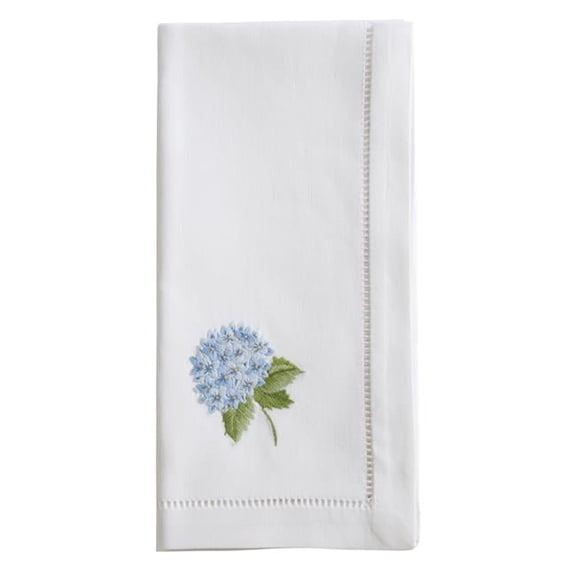 20 x 20 in. Embroidered Blue Hydrangea Hemstitch Napkins, White - Set of 6