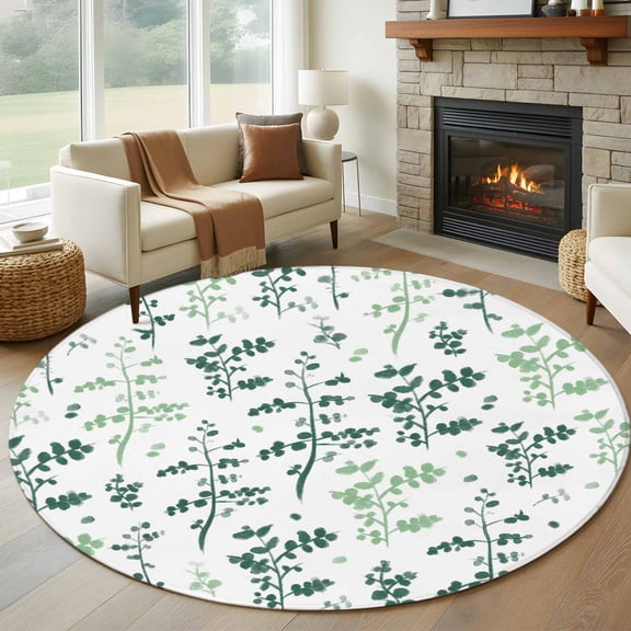Sage Green Botanical Round Area Rug 7Ft Washable Circle Rugs for Dorm Laundry Room, Watercolor Spring Floral Summer Leaf Non-Slip Carpet Floor Mats Indoor Outdoor Carpet Runner Aesthetic Home Decor