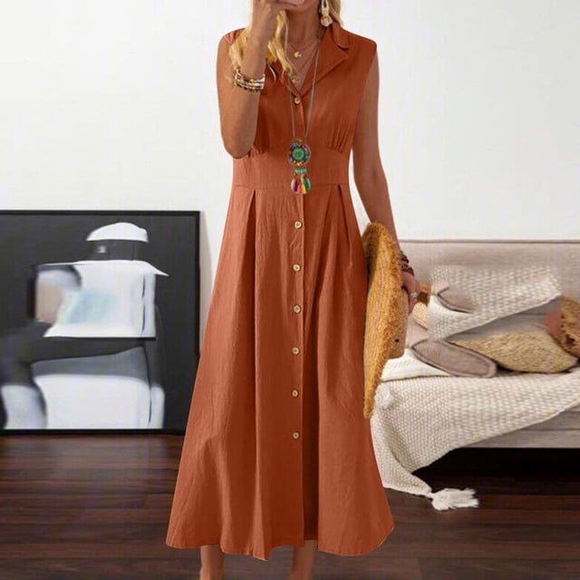 SEAOPEN Robes en Coton et Lin pour Femmes, Robe Maxi Sans Manches Été 2025, Col en V, Boutonnée, pour le Travail, Orange, TTTG