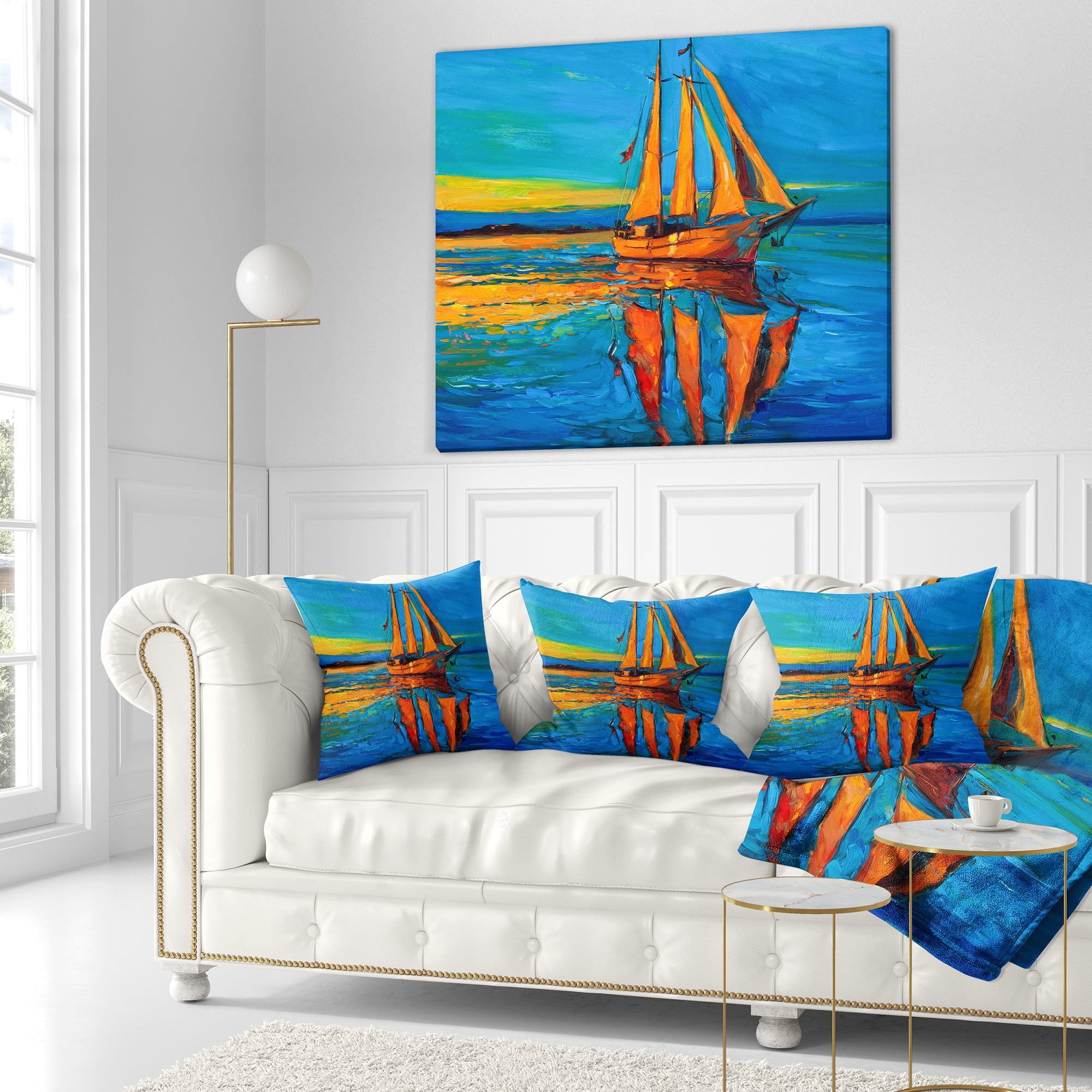 Designart Brown Sailing Boat - Seascape Throw Pillow - 16x16