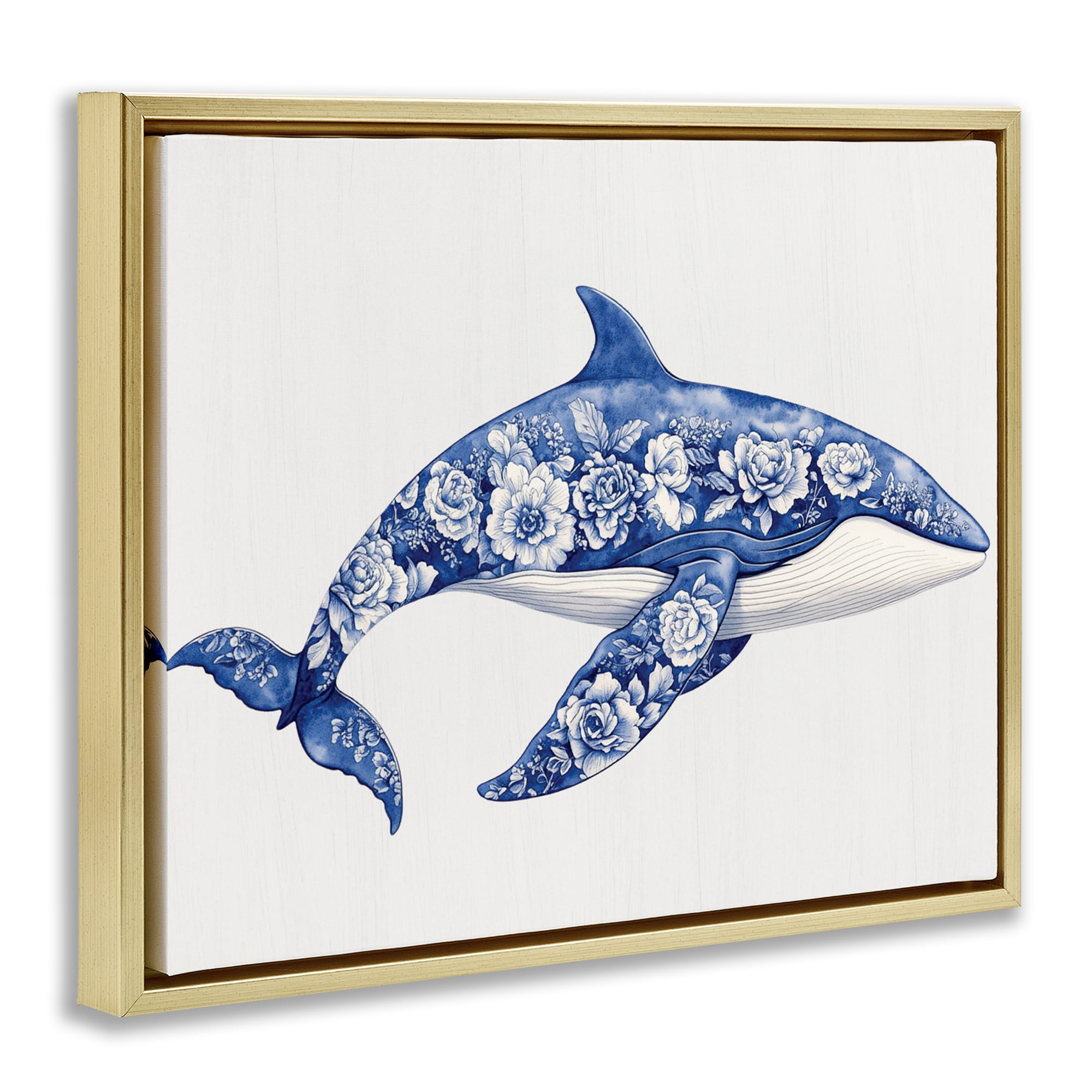 Floral Toile Whale Gold Framed Floater Canvas Wall Art, design by Lettered and Lined