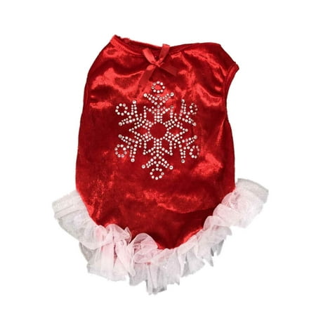 Red Holiday Christmas Dress Rhinestone Snowflake Dog Pet Costume Outfit XX-Small