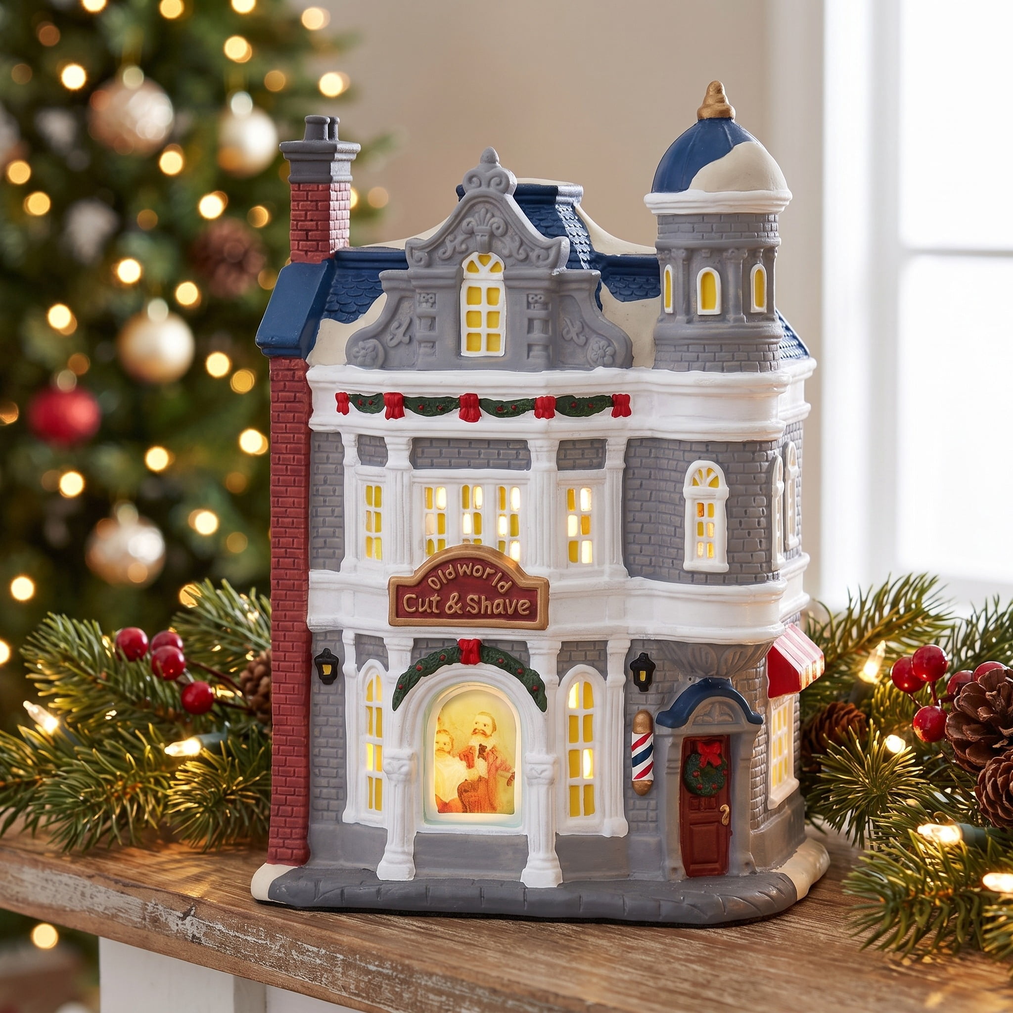 Light-Up Christmas Village Cut and Shave Store, Multicolor, 9.62", by Holiday Time