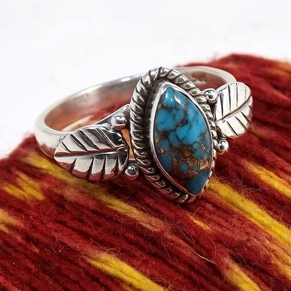 Vintage Women's Ring Oval Cut Gipsy Boho Chic Marquise Synthetic Turquoise Leaf Signet Ring Size