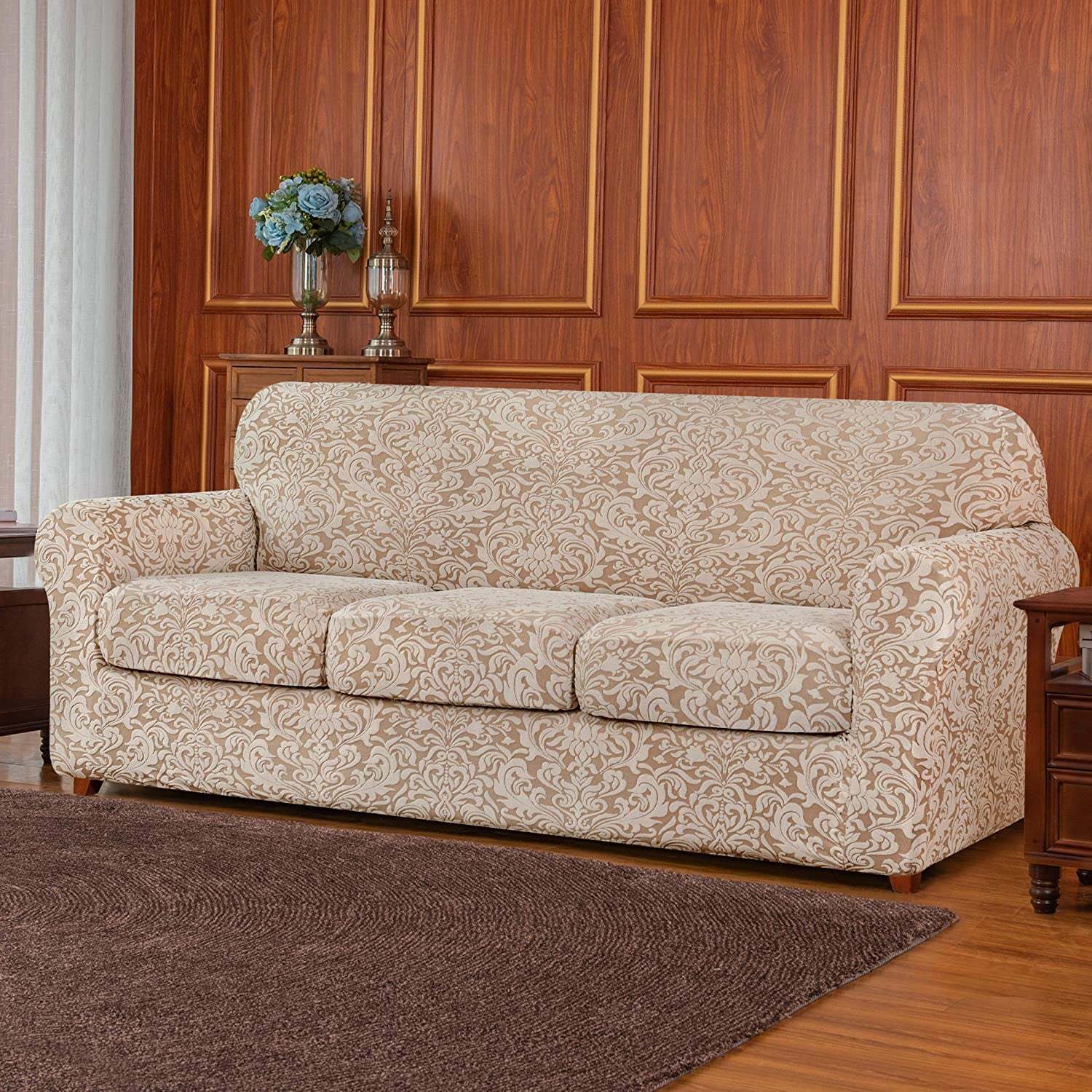 Subrtex Stretch 4-piece Jacquard Damask Sofa Slipcover, Separate Cushion Cover(Sofa, Oatmeal)
