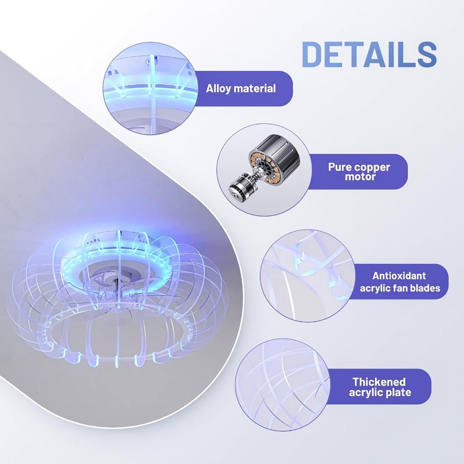 21-inch Low Profile Bladeless Ceiling Fan with Light, Bluetooth Speaker, Remote Control, 6 Wind Speeds, Dimmable LED with RGB Colors, Reversible Quiet Motor for Bedroom, Living Room, Kids Room