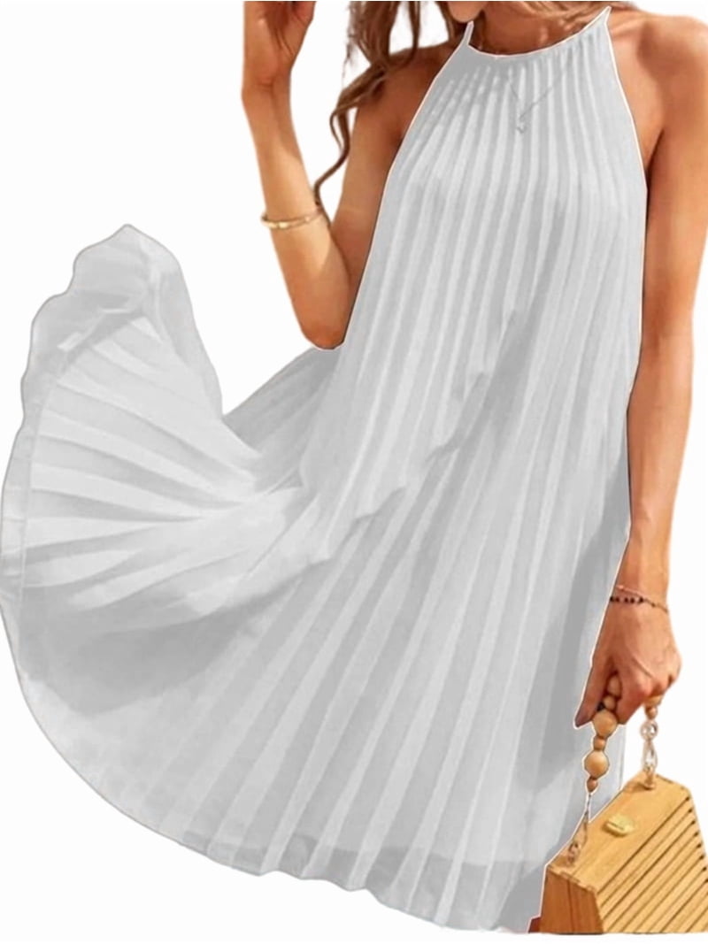 Women's Cute Halter Neck Sleeveless Solid Color Flowy Pleated Sundress Dress for Beach White XL