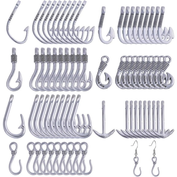 70 Pcs 7 Styles Anchor Hook Pendants Fish Hook Charms Alloy Charms for DIY Keychain Necklace Earrings Bracelet Jewelry Making
