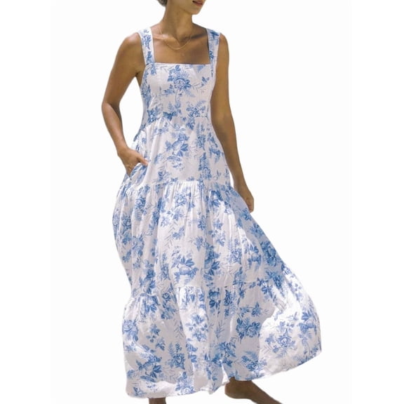 Women'S Summer Spaghetti Strap Flowy Maxi Dress Boho Floral Ruffle Long Vacation Beach Dresses White with Blue M