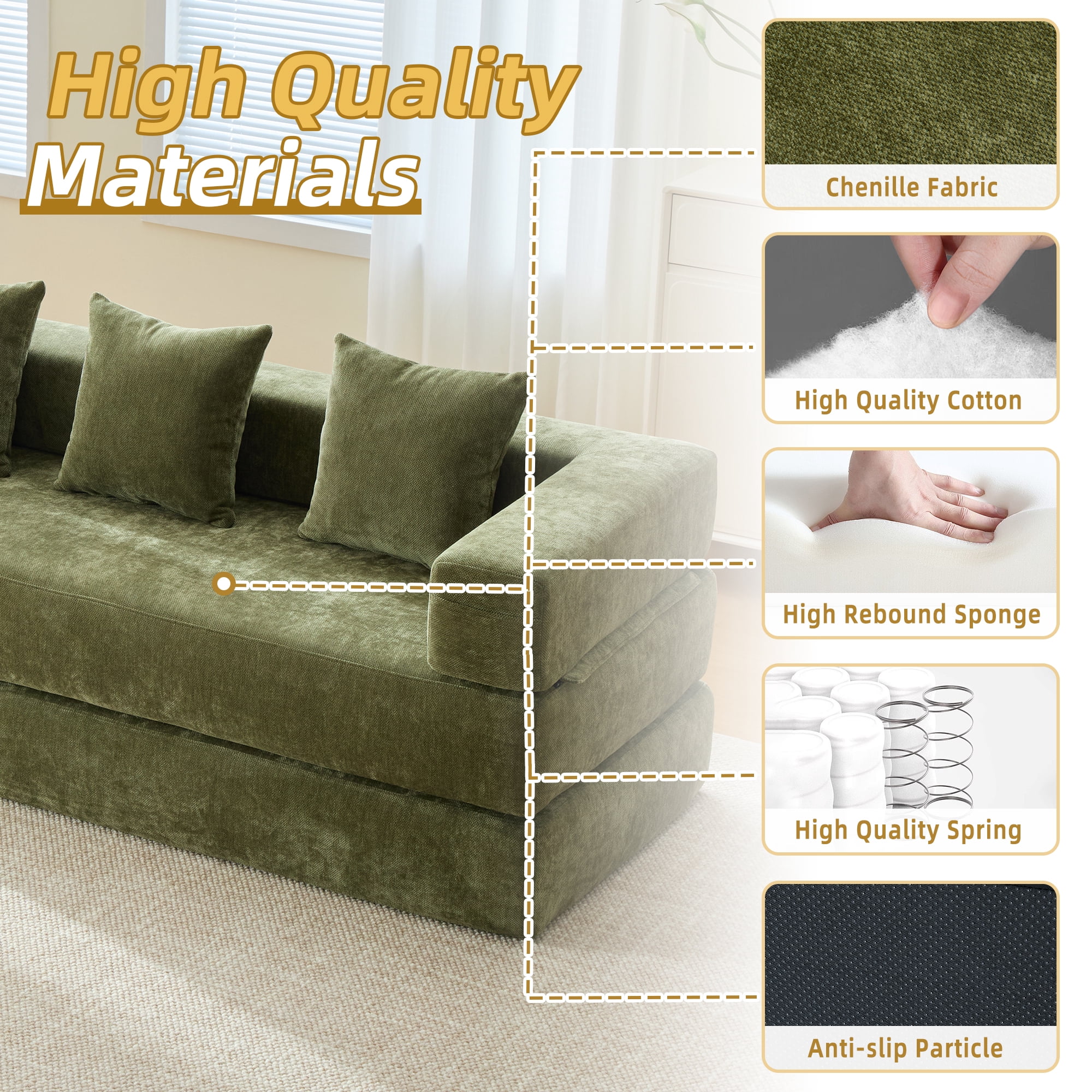 MOONMISS Chenille Upholstered Convertible Foldable Memory Foam Sleeper Sofa with Pillows for Living Room-Green
