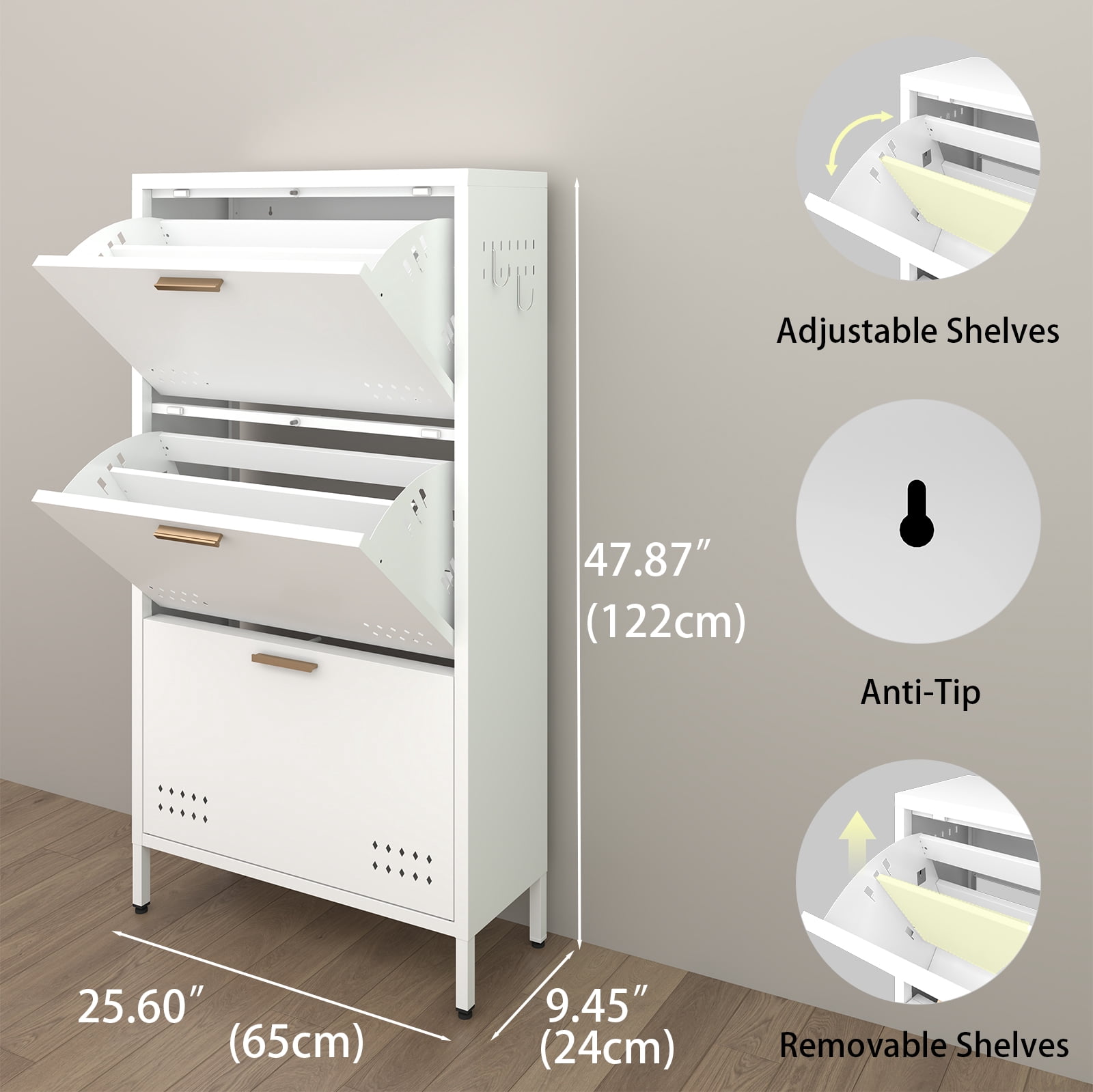 Classic White High-Leg Tilt Out Shoe Cabinet Modern Minimalist Large Capacity Rack With Side Hooks Heavy Duty Carbon Steel Anti Tip Entryway Cabinet Multi Layer Floor-Standing Metal Storage Organ