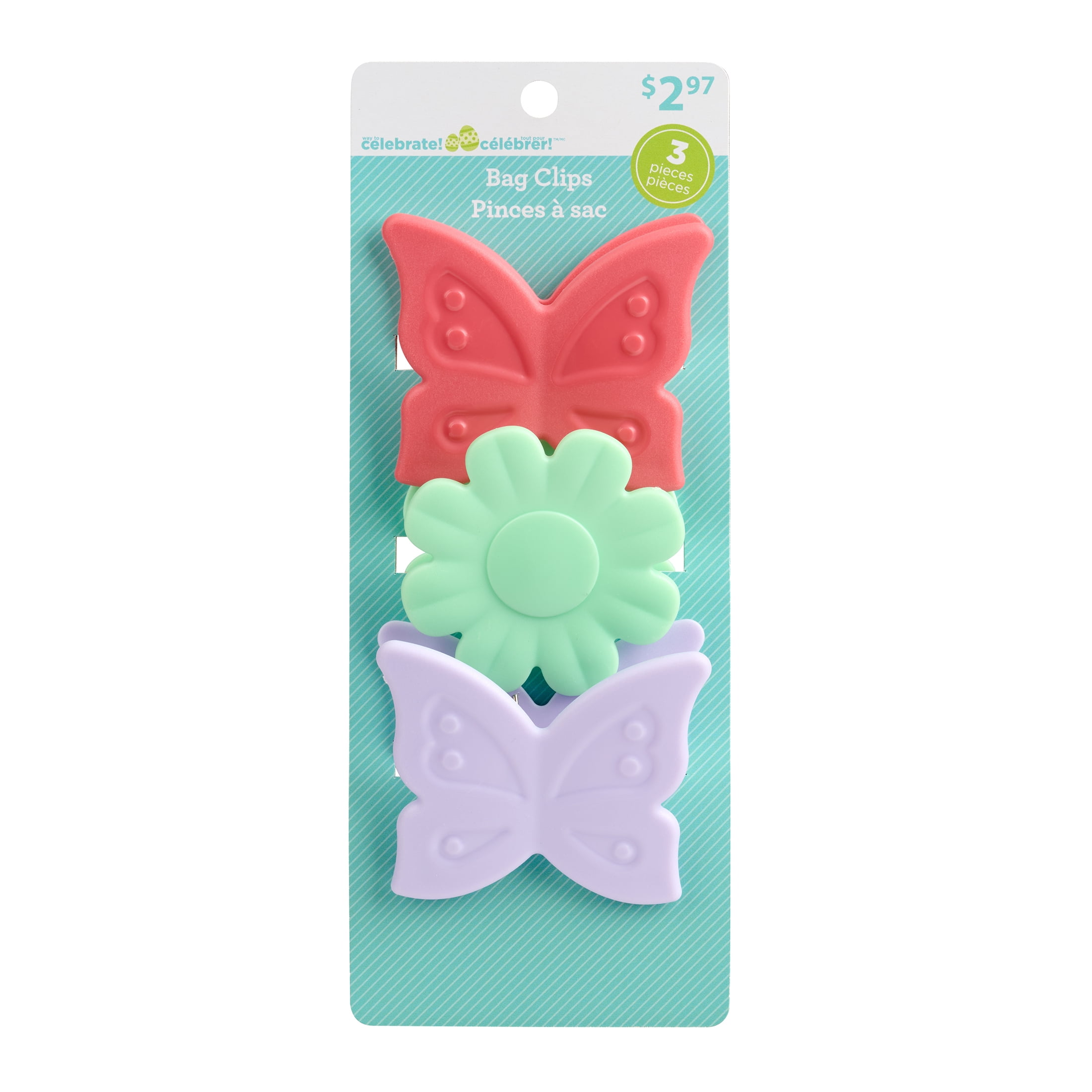 Way to Celebrate 3-Pack Butterfly and Flower Kitchen Bag Clips in Deep Pink, Soft Green and Soft Purple